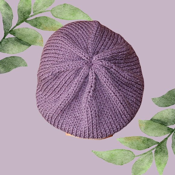 Hand Knit Slouchy Beanie: Stretchy Purple Acrylic Hat - Picture 2 of 5